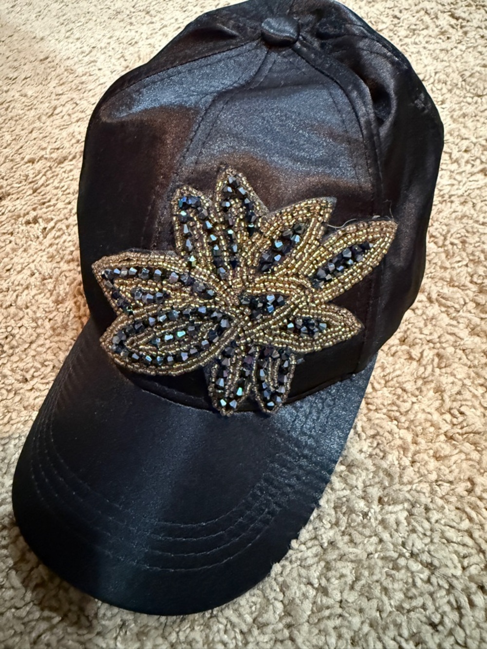Black Satin Baseball Cap with Gold Beaded Floral Applique